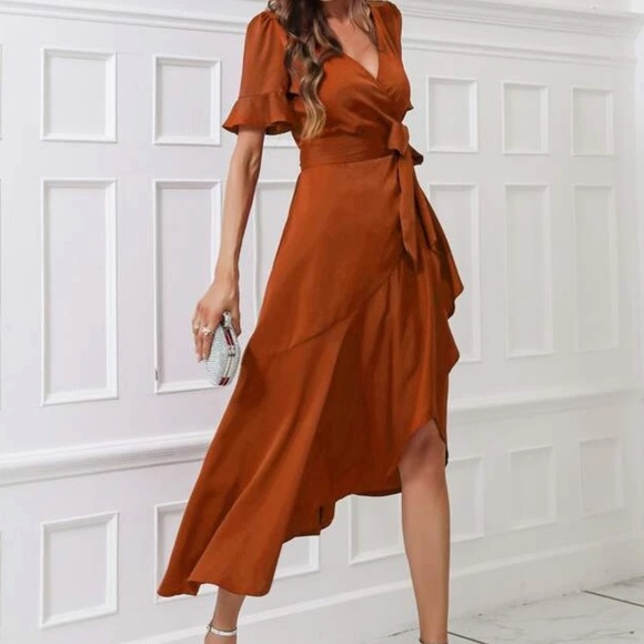 Boho flounce sleeve belted wrap dress - Picture 12 of 16